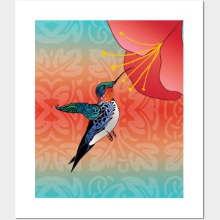 Exotic Hummingbird and Red Hibiscus Flower Ombre Posters and Art